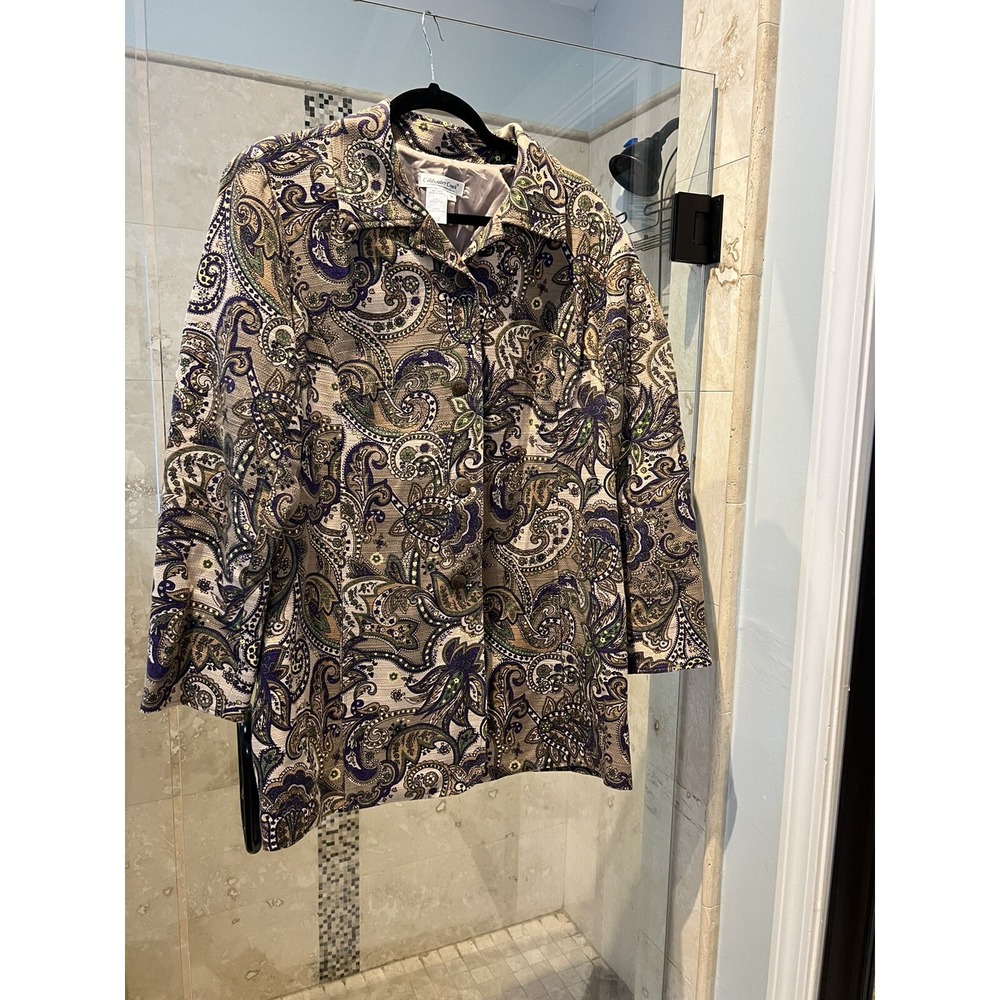 Coldwater Creek Jacket Womens 1X Beige Floral Paisley Button Long Sleeve Coat